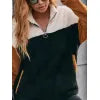 Double sided plush contrasting patch pocket hoodie color blocked plush top for women