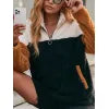 Double sided plush contrasting patch pocket hoodie color blocked plush top for women