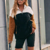 Double sided plush contrasting patch pocket hoodie color blocked plush top for women