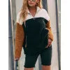 Double sided plush contrasting patch pocket hoodie color blocked plush top for women